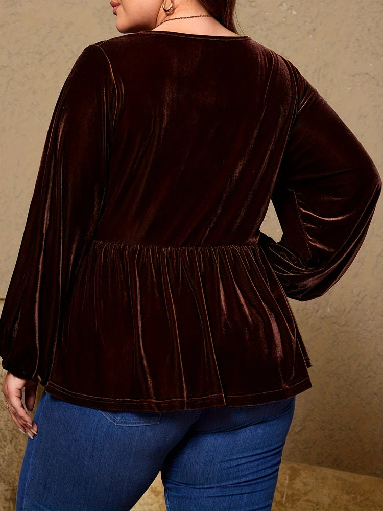 Curve Brown Velvet V-Neck Long-Sleeve Top