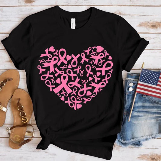 Breast Cancer Awareness Heart Print T-Shirt