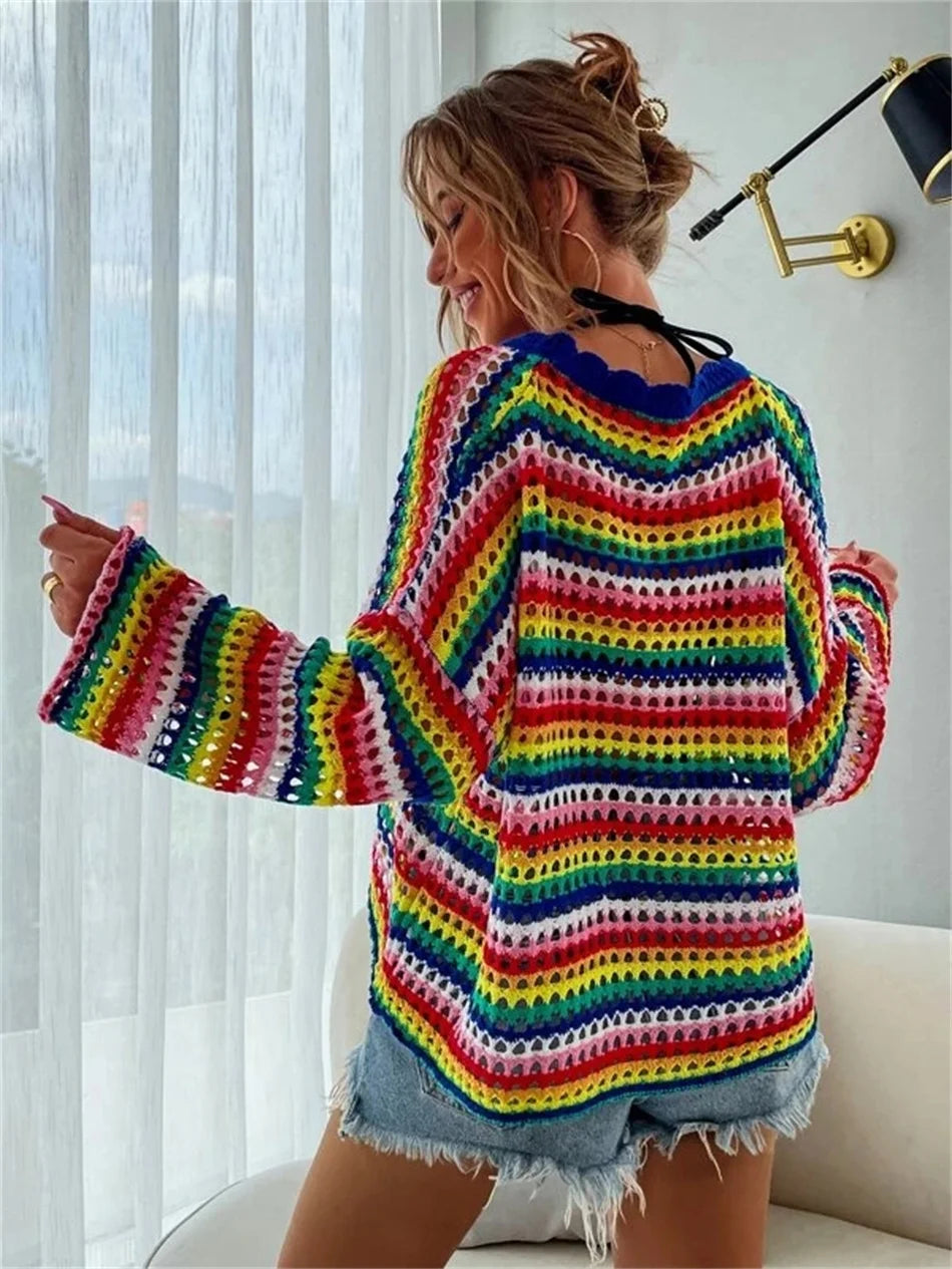 Striped Patchwork Hollow Out Sweater