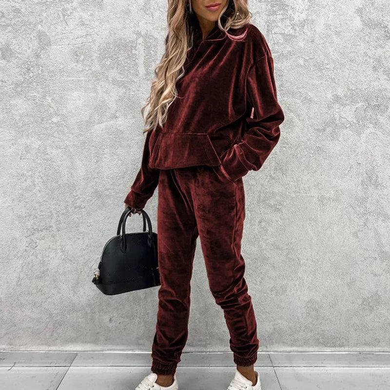 Solid Colour Velour Hoodie & Joggers Set