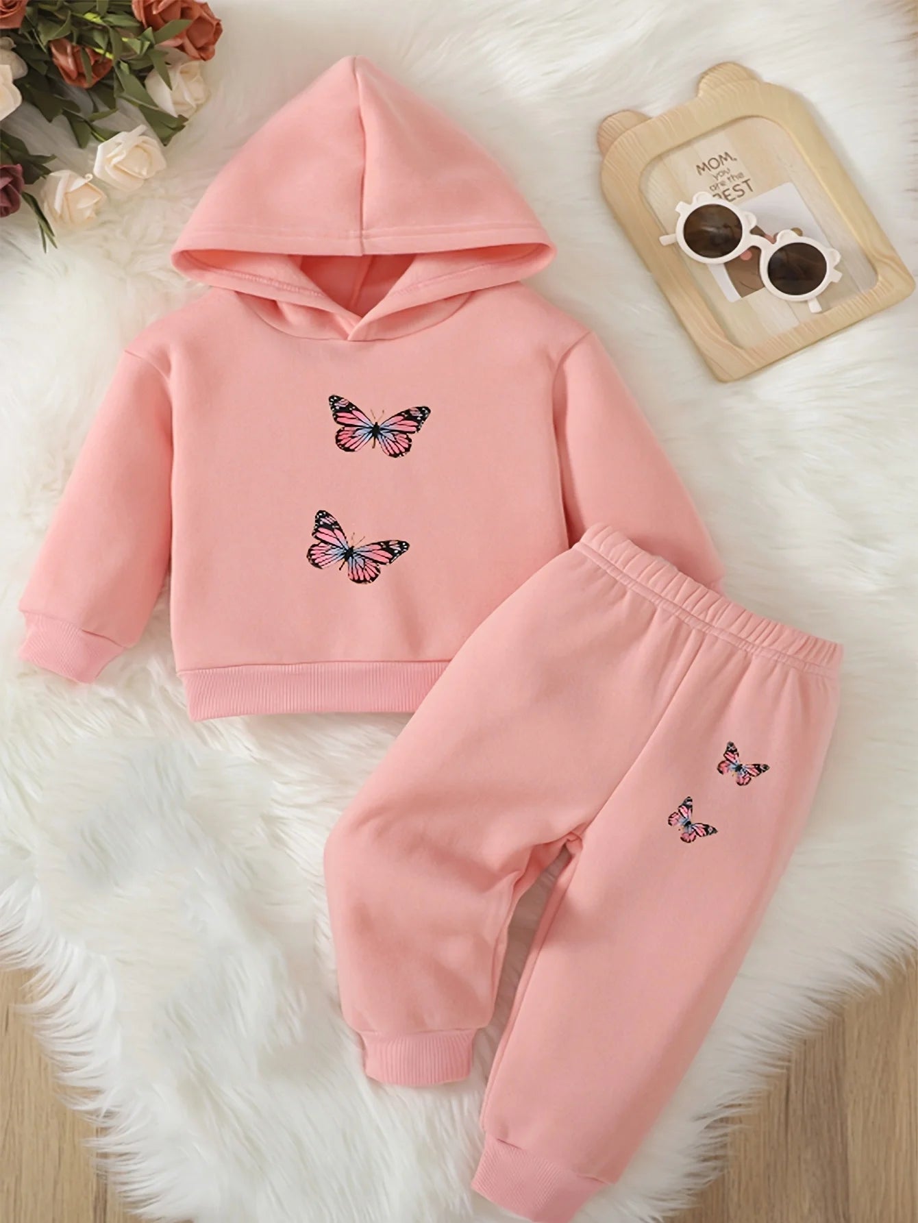 Baby Girl Butterfly Pattern Hoodie & Joggers Set
