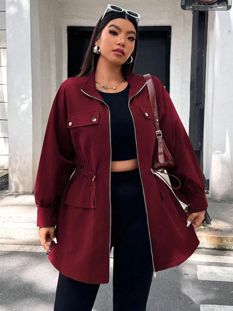 Curve Stand Collar with Drawstring Waist Trench Style Jacket