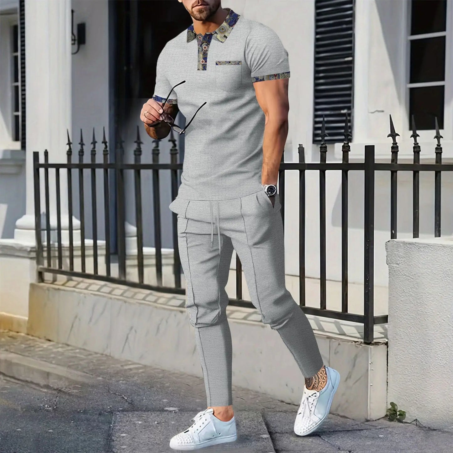 Men's Casual Short-Sleeved Patterned Collar Two-Piece Set
