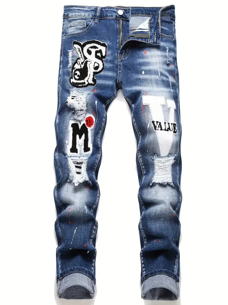 Men’s Stretchy Graffiti Ripped Denim jeans