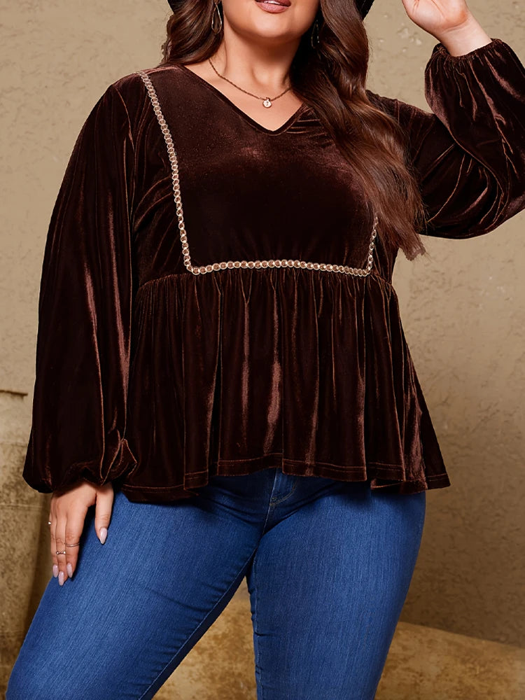Curve Brown Velvet V-Neck Long-Sleeve Top