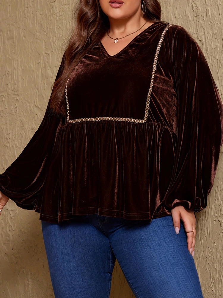 Curve Brown Velvet V-Neck Long-Sleeve Top