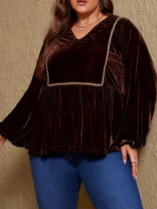Curve Brown Velvet V-Neck Long-Sleeve Top