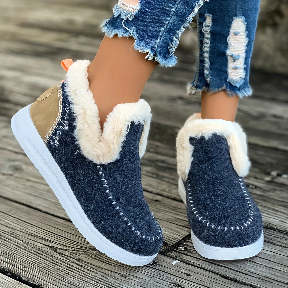 Winter Warm Faux Fur Lined Stitched Ankle Boots