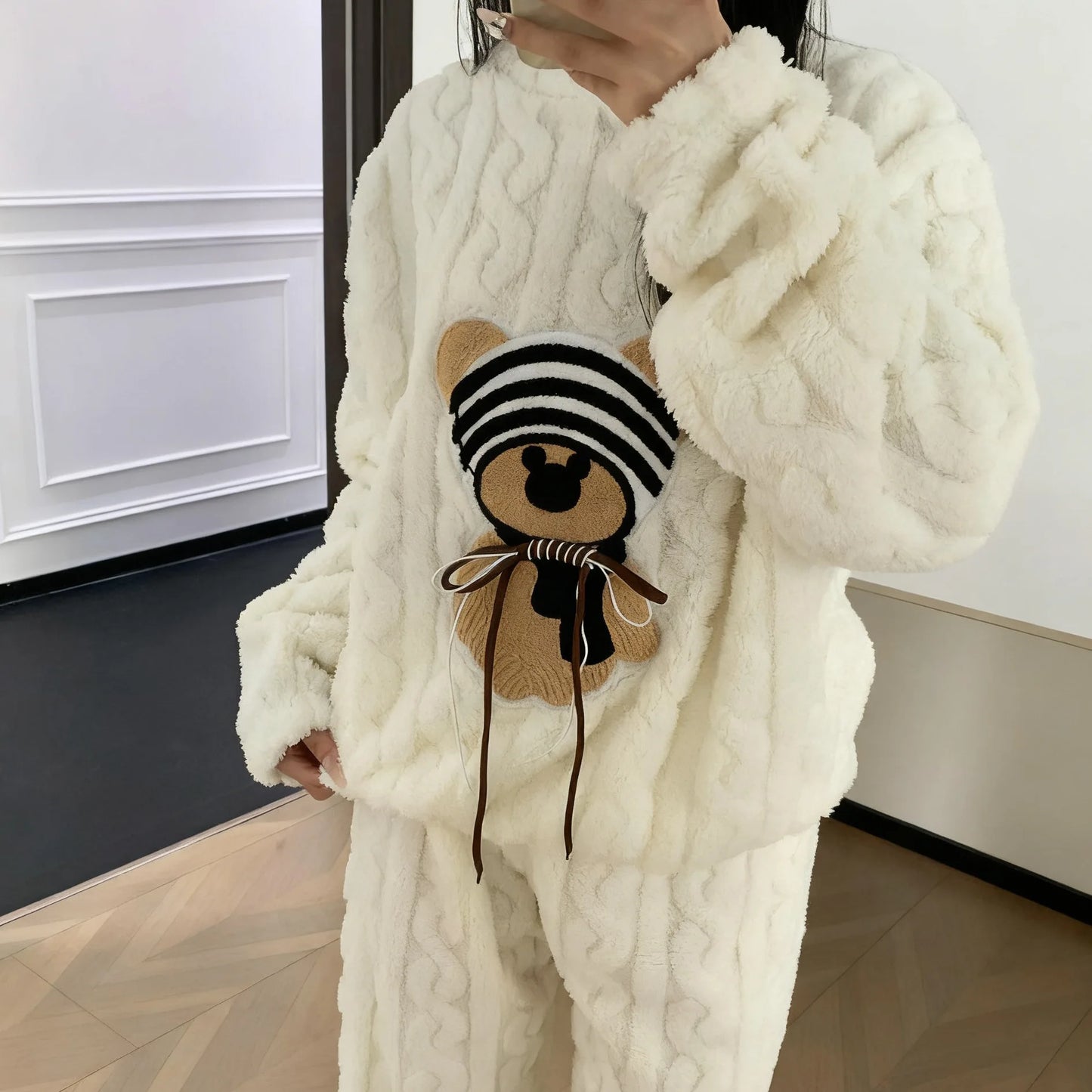 Bear Print Coral Fleece Pyjama Set