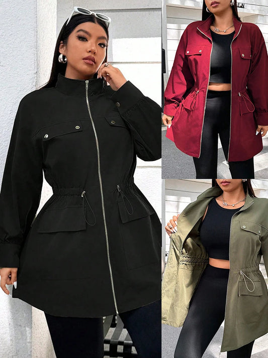 Curve Stand Collar with Drawstring Waist Trench Style Jacket