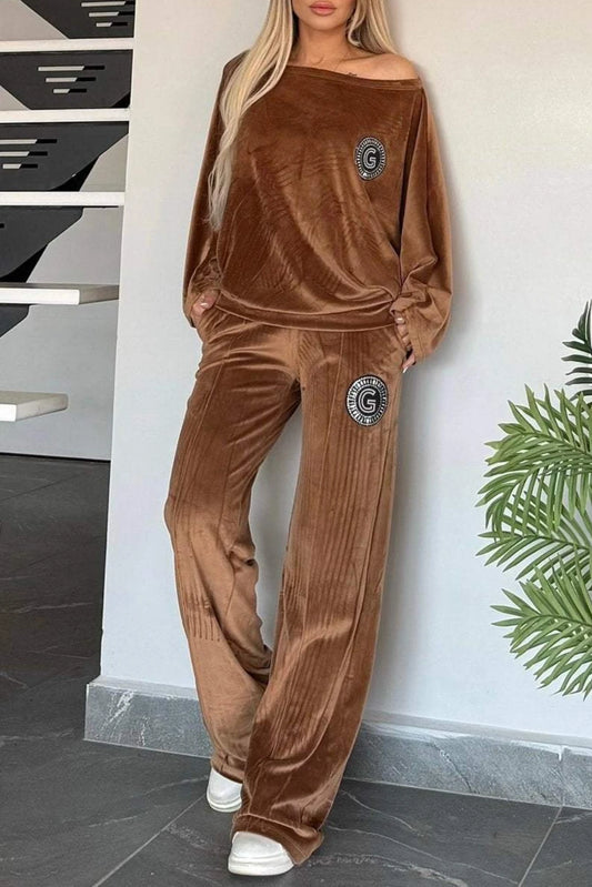 Velvet Solid O-Neck Bat Sleeve Casual Off Shoulder 2 Piece Set