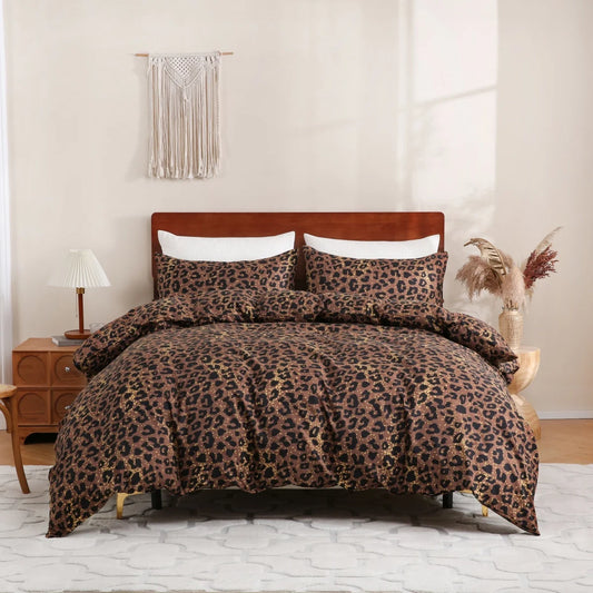 Dark Brown Leopard Print Duvet Reversible Bedding Set