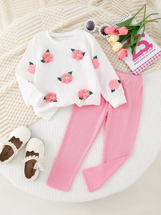 Girls Sweet 3D floral Top & Ribbed Leggings Set