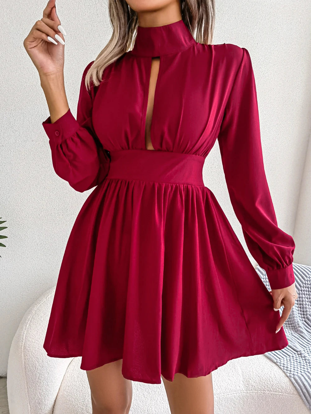 Hollow Out Long Sleeve A Line Mini Dress