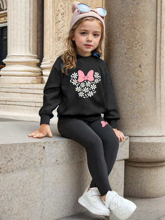 Girls Bow& Flower Graphic Print Sweater & Leggings Set