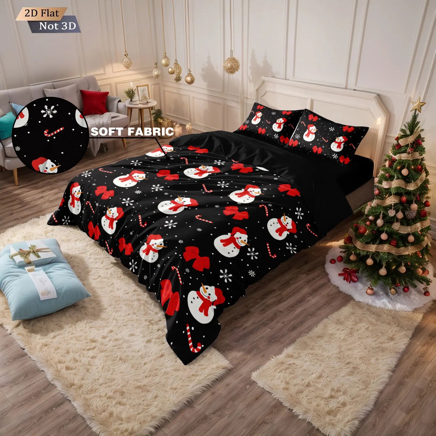 Black Christmas Snowman & Candy Cane Duvet Cover Set