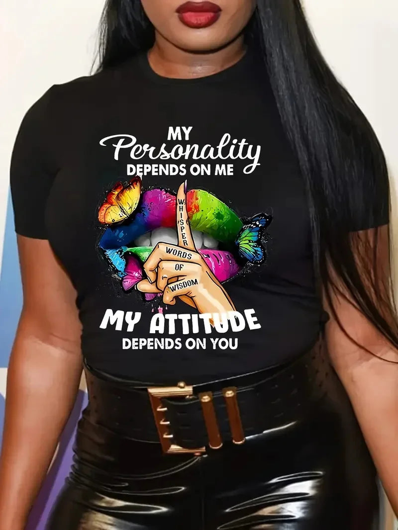 Curve Butterfly and Lip Printed T-Shirt