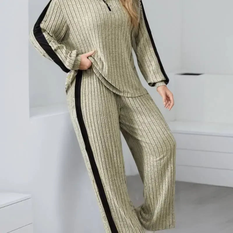 Casual Ribbed Zipper Collar Top & Pants Set