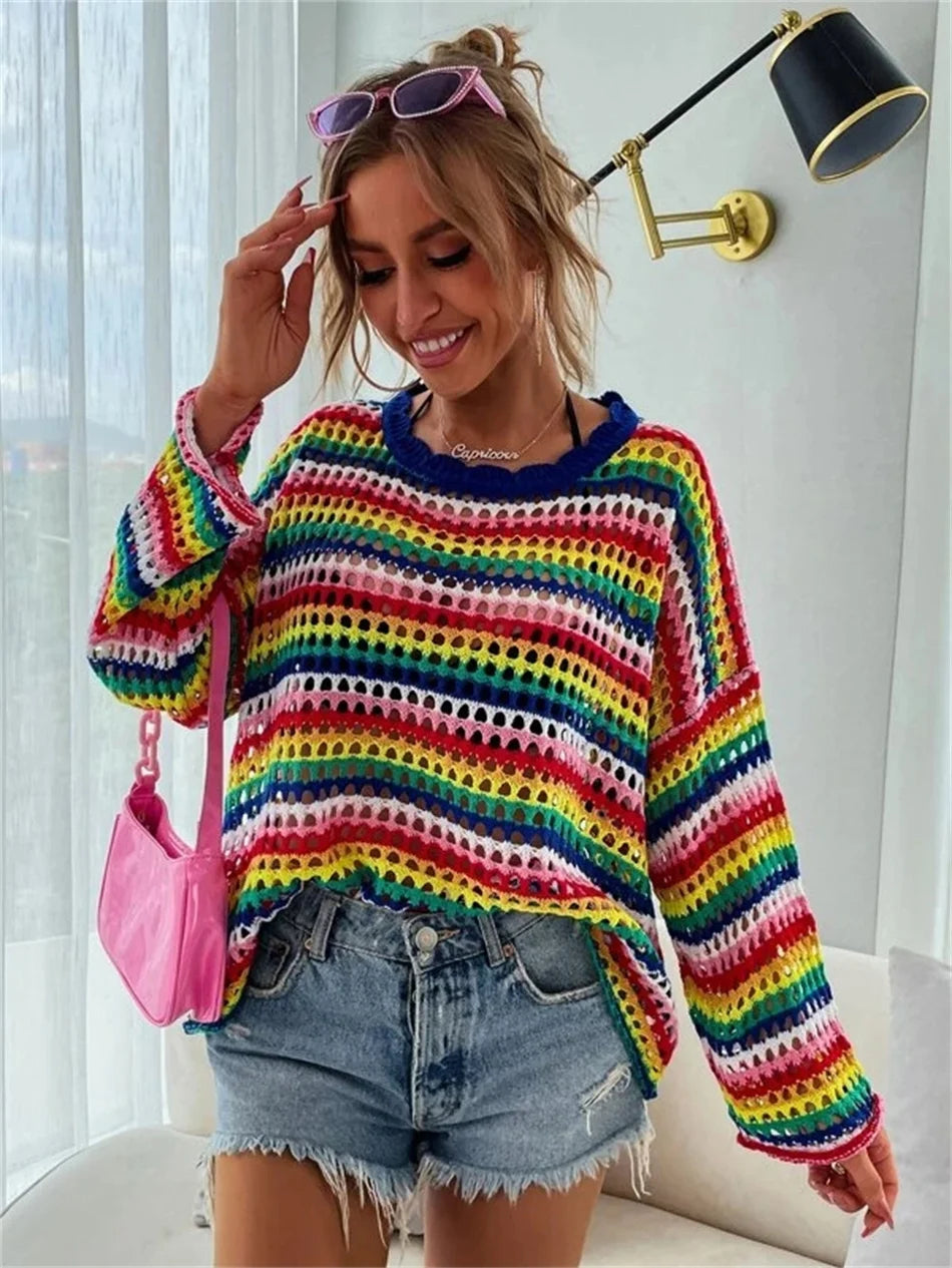 Striped Patchwork Hollow Out Sweater