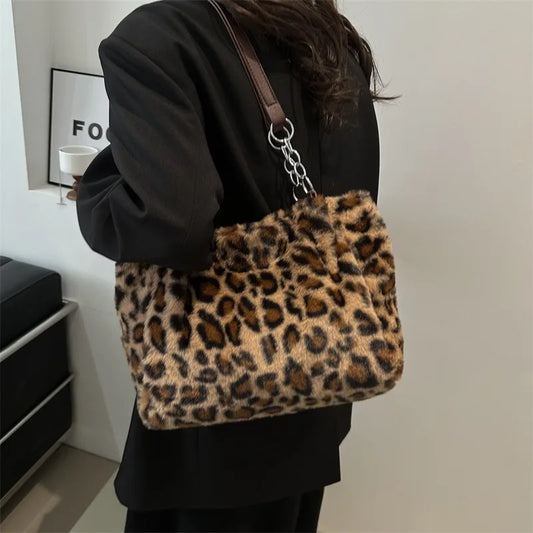 Plush Leopard Print Large Capacity Bag