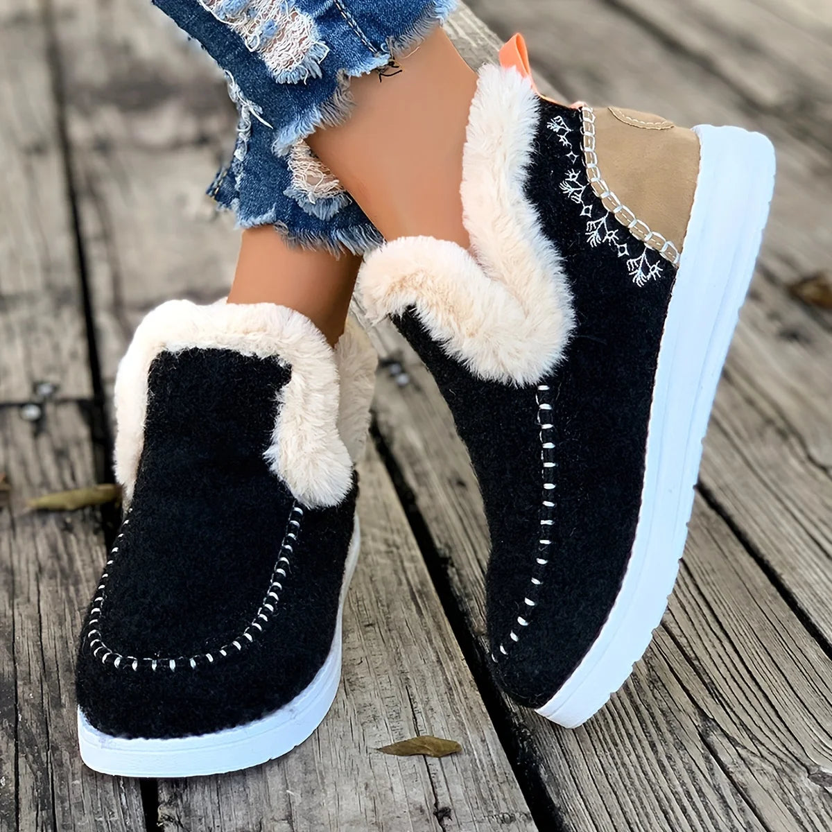 Winter Warm Faux Fur Lined Stitched Ankle Boots