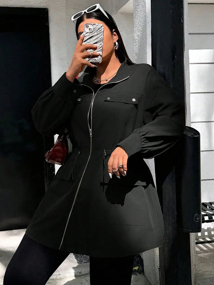 Curve Stand Collar with Drawstring Waist Trench Style Jacket