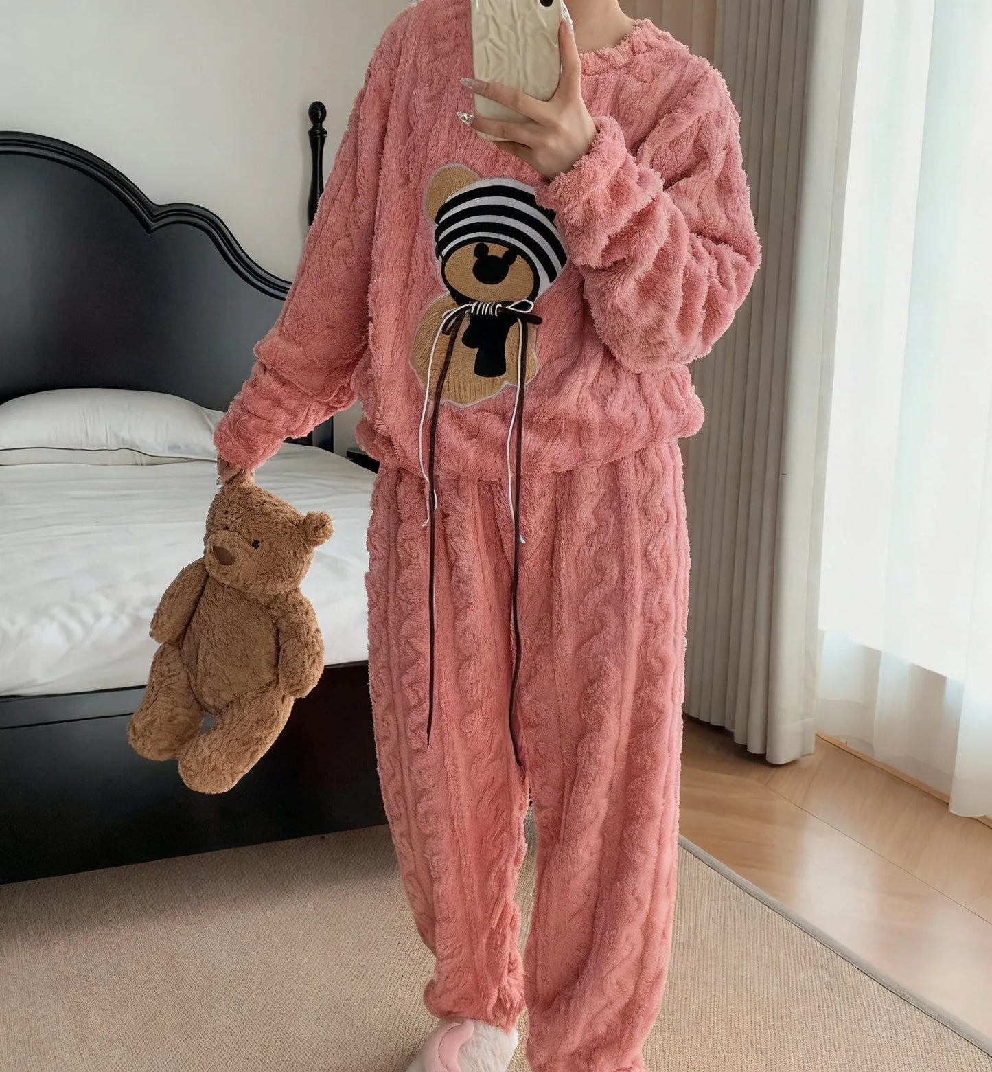 Bear Print Coral Fleece Pyjama Set