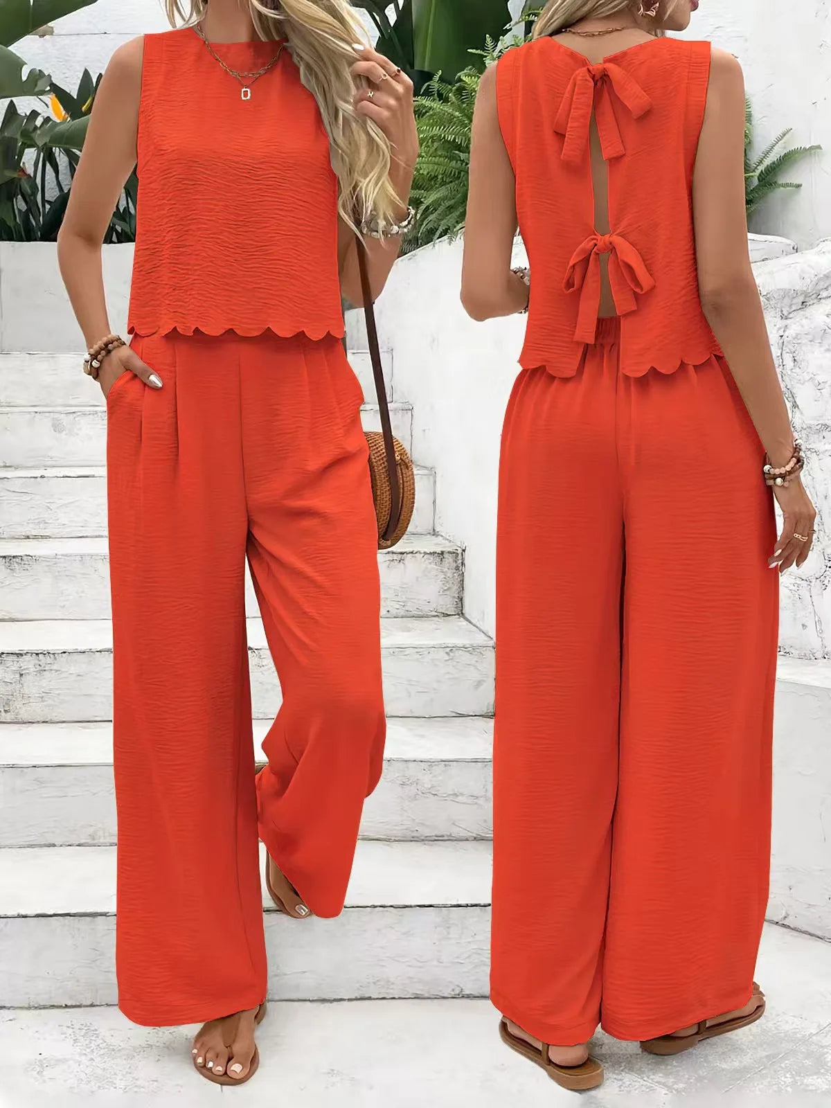 Sleeveless Tie Fashion Top & Trousers Set