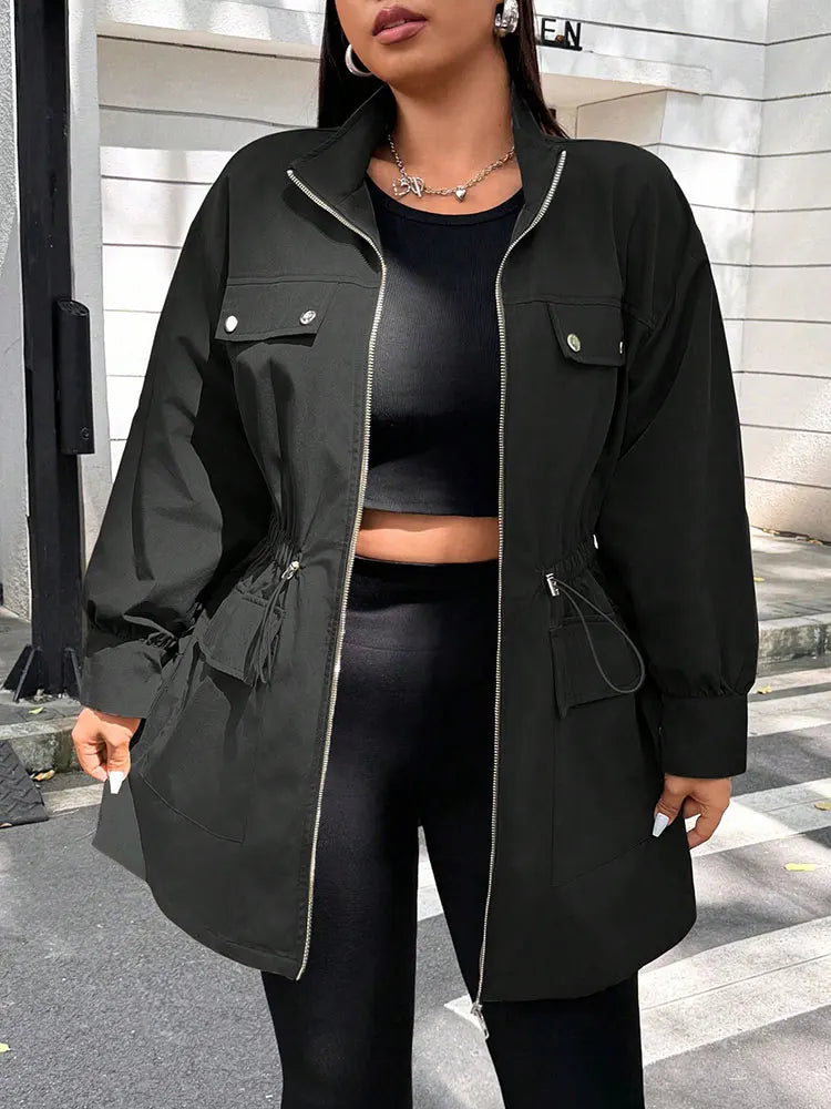 Curve Stand Collar with Drawstring Waist Trench Style Jacket