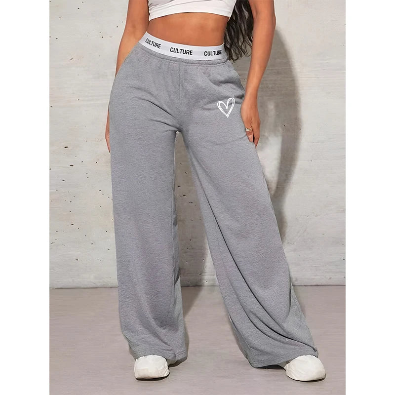 Casual Loose Love Printed Webbing Wide Leg Drag Pants