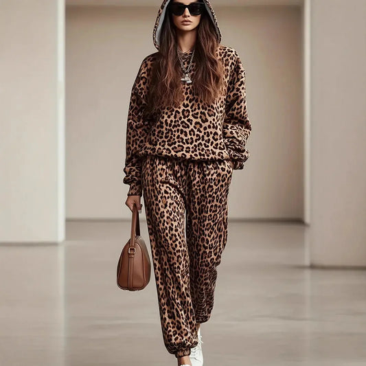 Casual Leopard Print Hoodie & Joggers Set