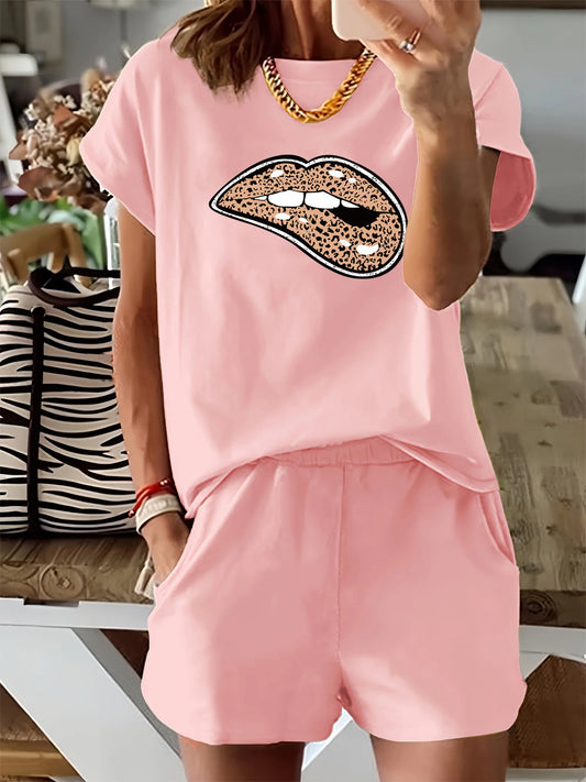 Leopard Print Lips Casual Loose Round Neck T-shirt & Shorts Set