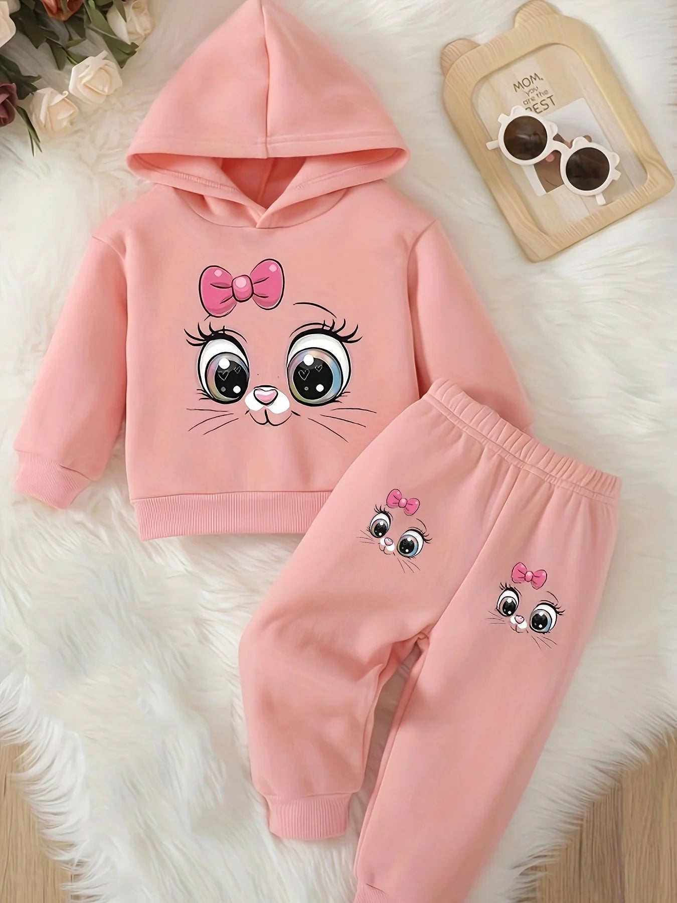 Baby Girl Cute Cartoon Cat Hoodie & Joggers Set