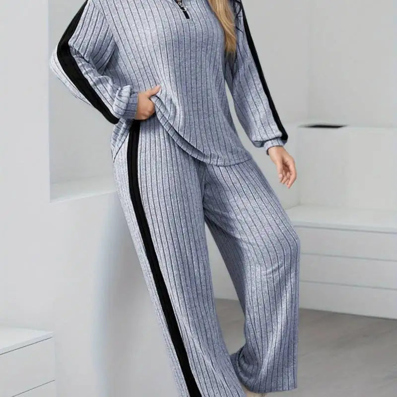 Casual Ribbed Zipper Collar Top & Pants Set