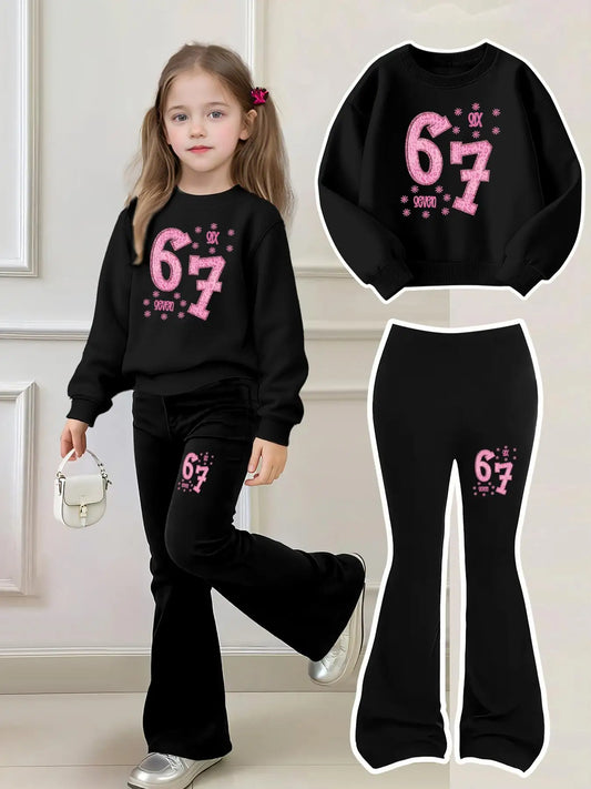 Girls' "67 Six Seven" Printed Sweater & Flared Leggings