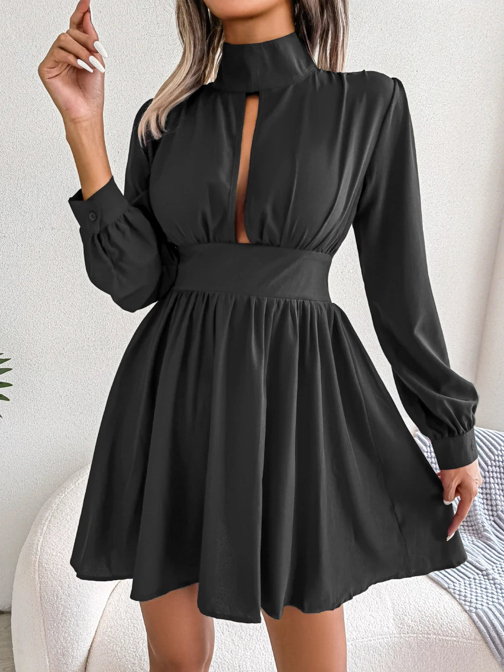 Hollow Out Long Sleeve A Line Mini Dress