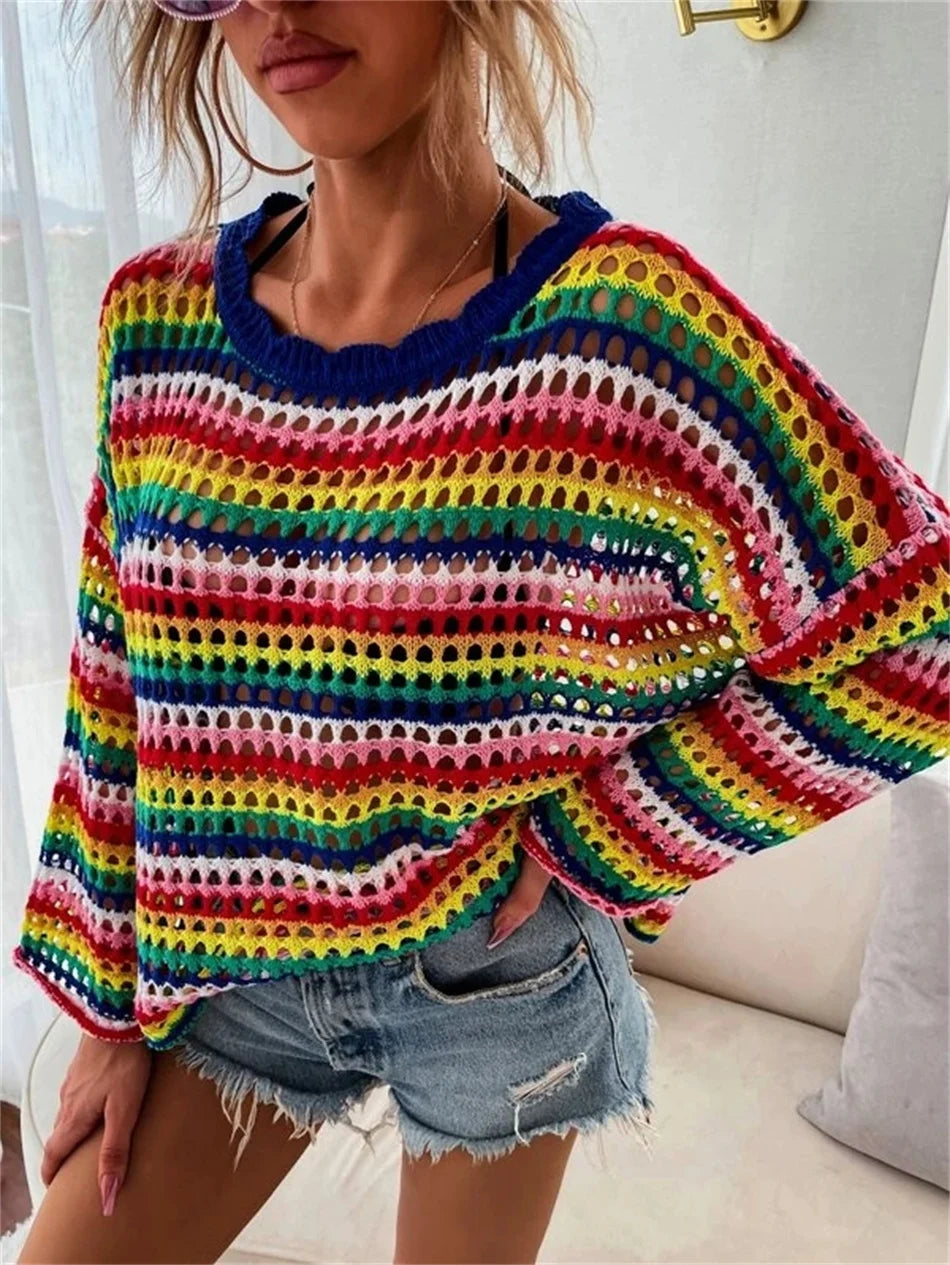 Striped Patchwork Hollow Out Sweater