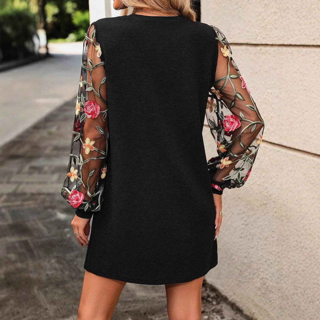 Rose Pattern Mesh Sleeve Black Dress