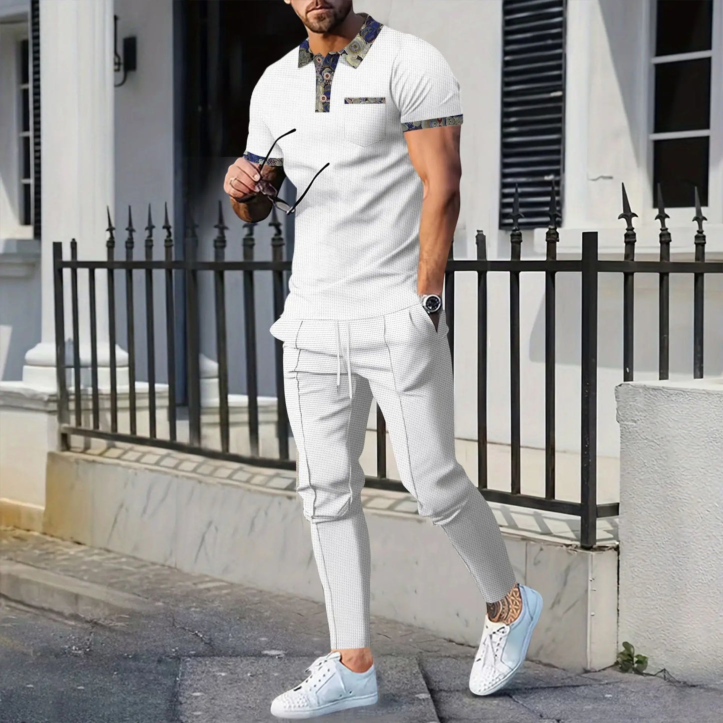 Men's Casual Short-Sleeved Patterned Collar Two-Piece Set