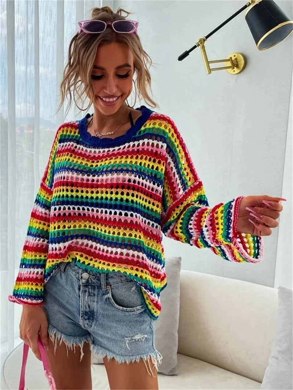 Striped Patchwork Hollow Out Sweater