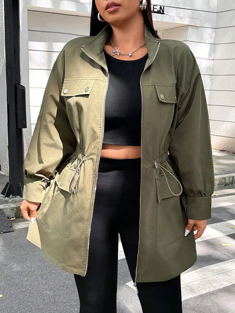 Curve Stand Collar with Drawstring Waist Trench Style Jacket