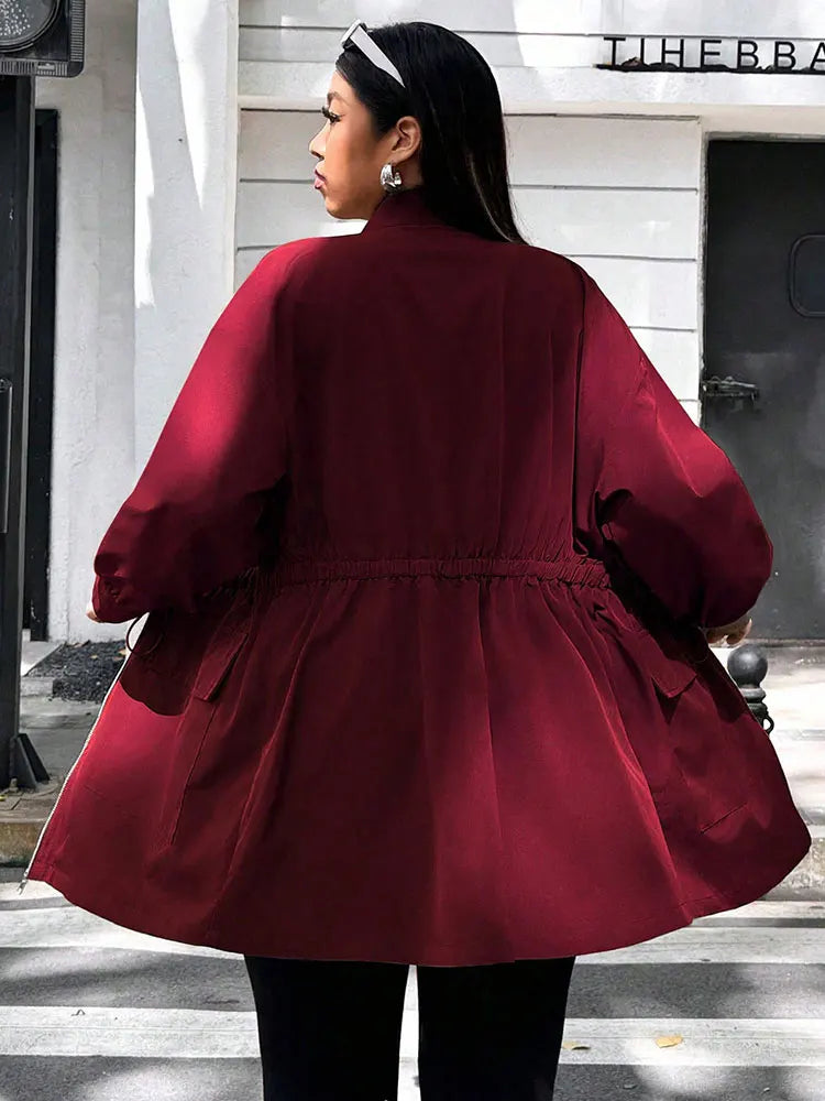 Curve Stand Collar with Drawstring Waist Trench Style Jacket