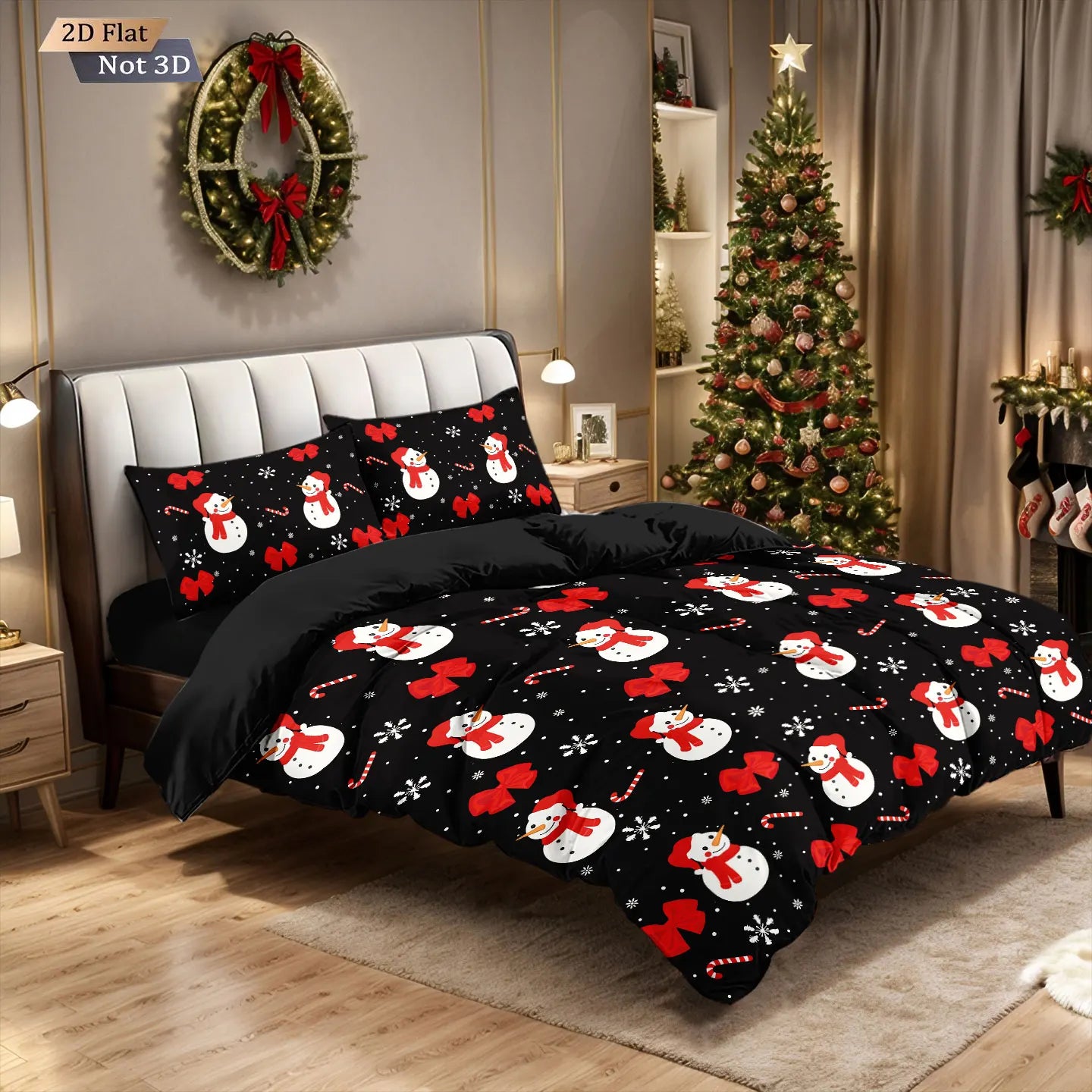 Black Christmas Snowman & Candy Cane Duvet Cover Set