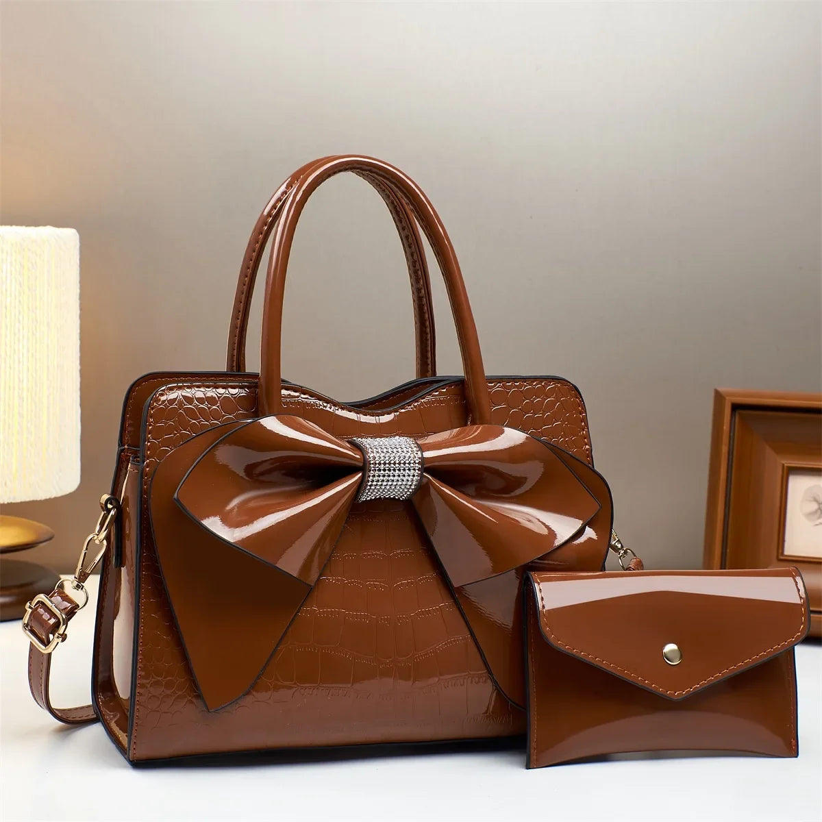 Bow Pattern Crossbody Handbag & Purse Set