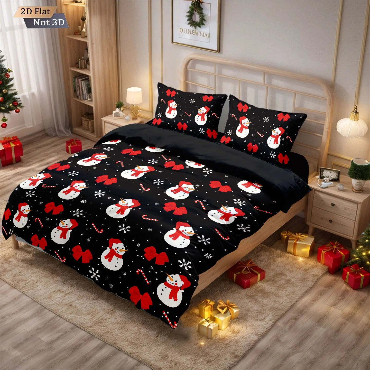 Black Christmas Snowman & Candy Cane Duvet Cover Set
