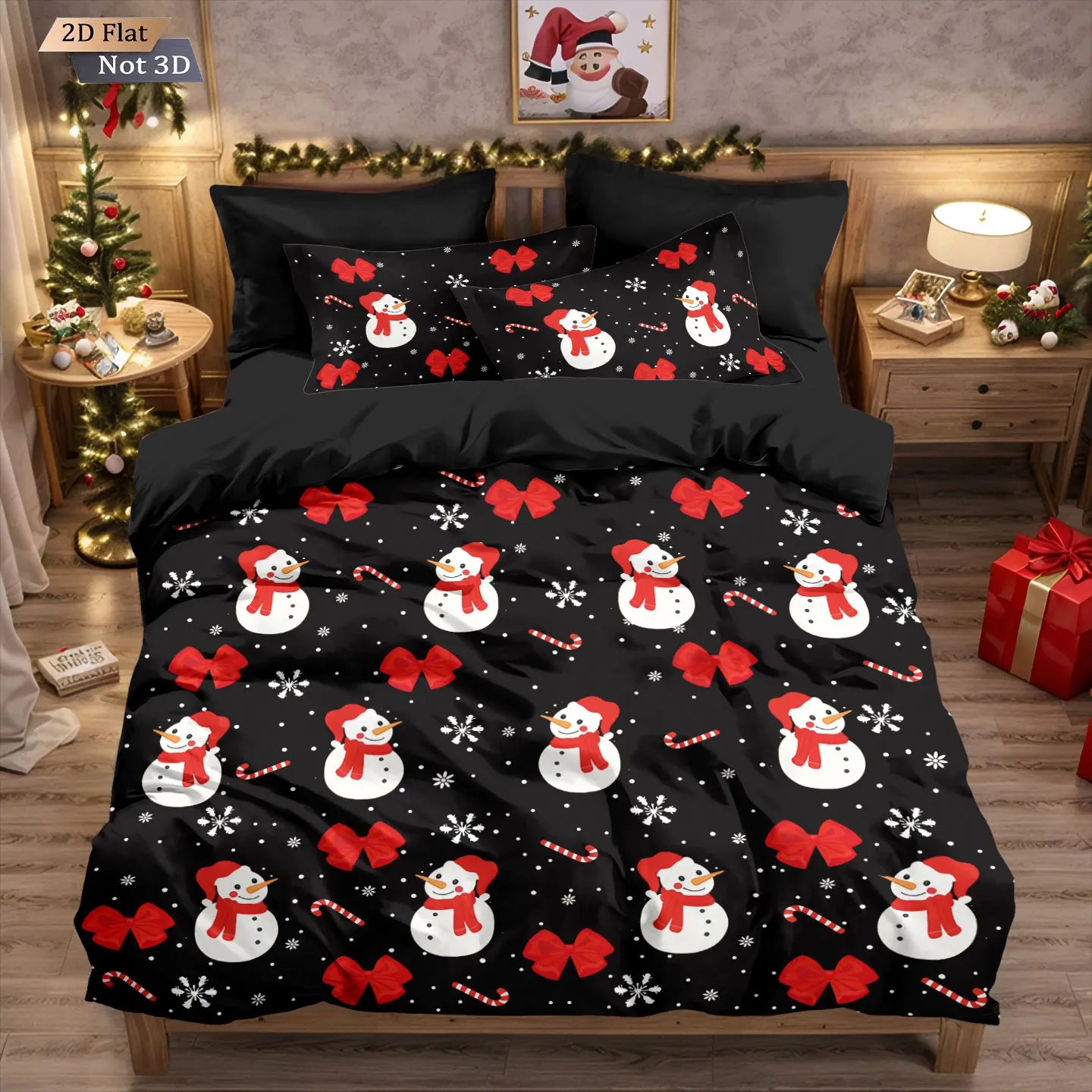 Black Christmas Snowman & Candy Cane Duvet Cover Set