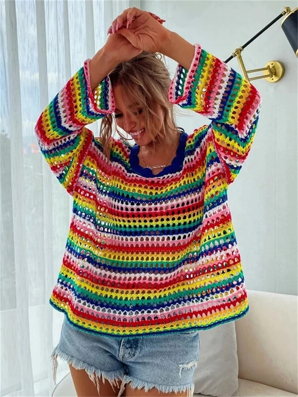 Striped Patchwork Hollow Out Sweater