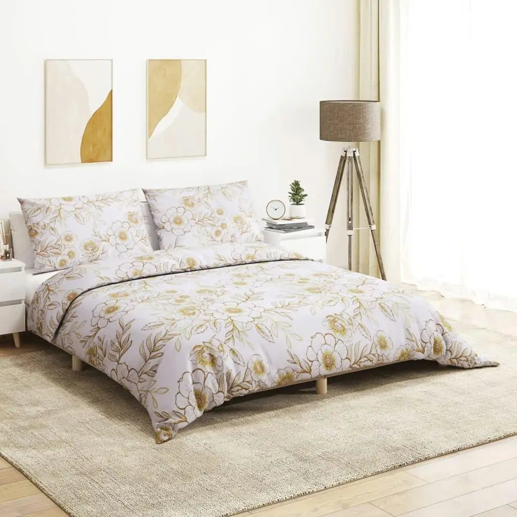 White & Brown Floral Cotton Duvet Cover Set - Double
