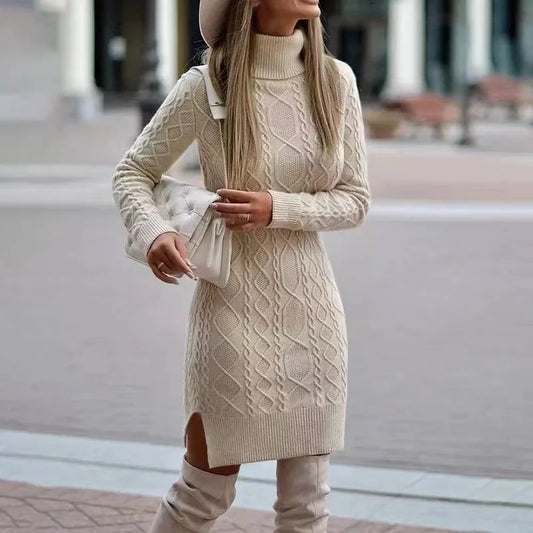 Wrap Hip High Neck Elegant Sweater Dress