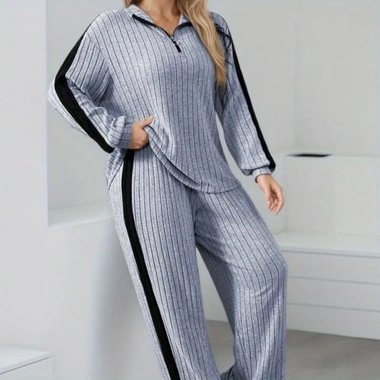 Casual Ribbed Zipper Collar Top & Pants Set